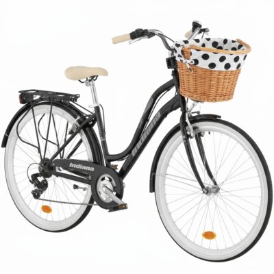 Rower miejski INDIANA Impala 7B 28 cali damski Czarny 2024 + Koszyk wiklinowy na rower VÖGEL VKS-505 Stylowy + Wkład do koszyka VÖGEL VKSC705WK Biało-czarny