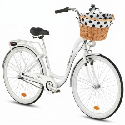 Rower miejski INDIANA Moena A3B 28 cali damski Biały + Koszyk wiklinowy na rower VÖGEL VKS-505 Stylowy + Wkład do koszyka VÖGEL VKSC705WK Biało-czarny