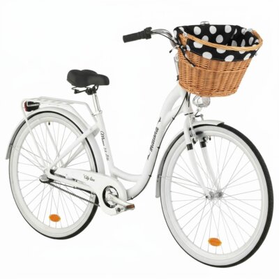 Rower miejski INDIANA Moena A3B 28 cali damski Biały + Koszyk wiklinowy na rower VÖGEL VKS-505 Stylowy + Wkład do koszyka VÖGEL VKSC705KW Czarno-biały