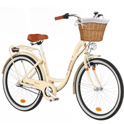 Rower miejski INDIANA Moena A3B 26 cali damski Cappuccino + Koszyk wiklinowy na rower VÖGEL VKS-502 Stylowy + Wkład do koszyka VÖGEL VKSC705W Biały