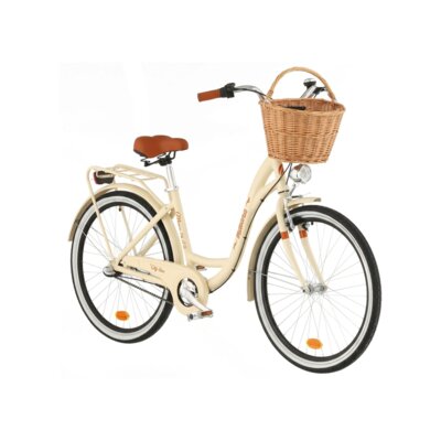 Rower miejski INDIANA Moena A3B 26 cali damski Cappuccino + Koszyk wiklinowy na rower VÖGEL VKS-505 Stylowy