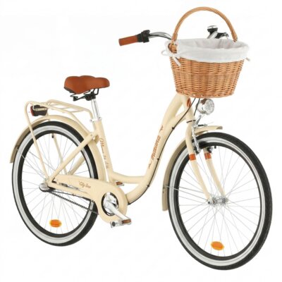 Rower miejski INDIANA Moena A3B 26 cali damski Cappuccino + Koszyk wiklinowy na rower VÖGEL VKS-505 Stylowy + Wkład do koszyka VÖGEL VKSC705W Biały