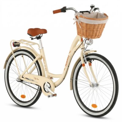Rower miejski INDIANA Moena A3B 26 cali damski Cappuccino + Koszyk wiklinowy na rower VÖGEL VKS-505 Stylowy + Wkład do koszyka VÖGEL VKSC705CP Cappuccino