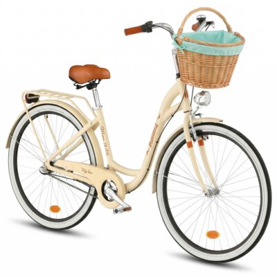 Rower miejski INDIANA Moena A3B 28 cali damski Cappuccino 2025 + Koszyk wiklinowy na rower VÖGEL VKS-505 Stylowy + Wkład do koszyka VÖGEL VKSC705MT Miętowy