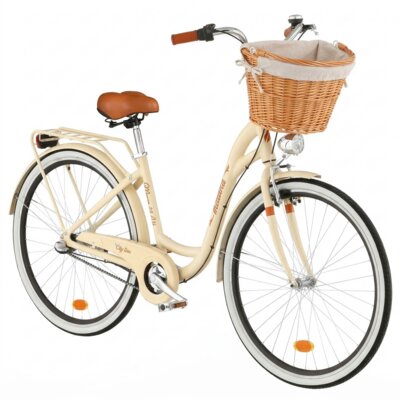 Rower miejski INDIANA Moena A3B 28 cali damski Cappuccino 2025 + Koszyk wiklinowy na rower VÖGEL VKS-505 Stylowy + Wkład do koszyka VÖGEL VKSC705CP Cappuccino