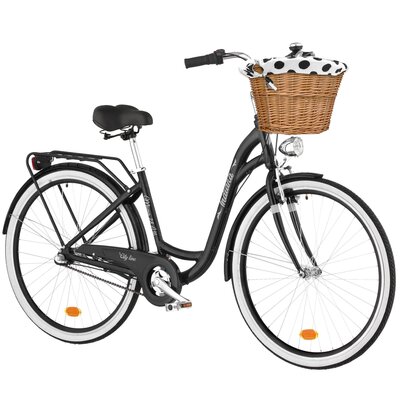 Rower miejski INDIANA Moena A3B 28 cali damski Czarny 2025 + Koszyk wiklinowy na rower VÖGEL VKS-502 Stylowy + Wkład do koszyka VÖGEL VKSC705CPB Biało-czarny