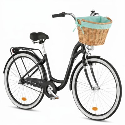 Rower miejski INDIANA Moena A3B 28 cali damski Czarny 2025 + Koszyk wiklinowy na rower VÖGEL VKS-505 Stylowy + Wkład do koszyka VÖGEL VKSC705MT Miętowy