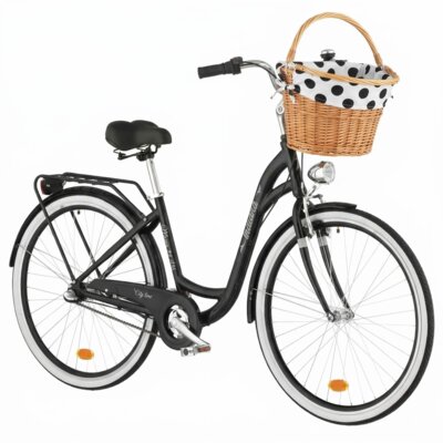 Rower miejski INDIANA Moena A3B 28 cali damski Czarny 2025 + Koszyk wiklinowy na rower VÖGEL VKS-505 Stylowy + Wkład do koszyka VÖGEL VKSC705WK Biało-czarny