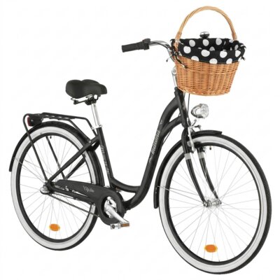 Rower miejski INDIANA Moena A3B 28 cali damski Czarny 2025 + Koszyk wiklinowy na rower VÖGEL VKS-505 Stylowy + Wkład do koszyka VÖGEL VKSC705KW Czarno-biały