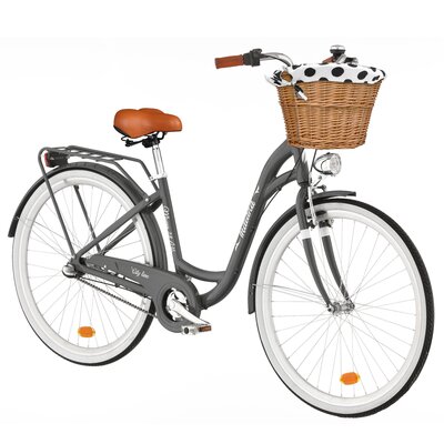 Rower miejski INDIANA Moena A3B 28 cali damski Grafitowy + Koszyk wiklinowy na rower VÖGEL VKS-502 Stylowy + Wkład do koszyka VÖGEL VKSC705WK Biało-czarny