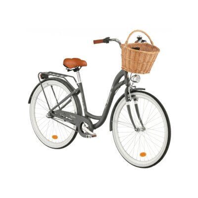 Rower miejski INDIANA Moena A3B 28 cali damski Grafitowy + Koszyk wiklinowy na rower VÖGEL VKS-505 Stylowy