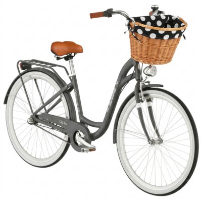 Rower miejski INDIANA Moena A3B 28 cali damski Grafitowy + Koszyk wiklinowy na rower VÖGEL VKS-505 Stylowy + Wkład do koszyka VÖGEL VKSC705KW Czarno-biały