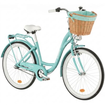 Rower miejski INDIANA Moena A3B 26 cali damski Lazurowy + Koszyk wiklinowy na rower VÖGEL VKS-505 Stylowy + Wkład do koszyka VÖGEL VKSC705MT Miętowy