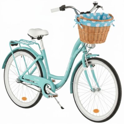Rower miejski INDIANA Moena A3B 26 cali damski Lazurowy + Koszyk wiklinowy na rower VÖGEL VKS-505 Stylowy + Wkład do koszyka VÖGEL VKSC705MTV Błękitno-biały