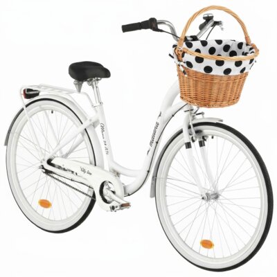 Rower miejski INDIANA Moena A7B 28 cali damski Biały 2025 + Koszyk wiklinowy na rower VÖGEL VKS-505 Stylowy + Wkład do koszyka VÖGEL VKSC705WK Biało-czarny