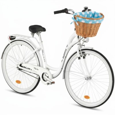 Rower miejski INDIANA Moena A7B 28 cali damski Biały 2025 + Koszyk wiklinowy na rower VÖGEL VKS-505 Stylowy + Wkład do koszyka VÖGEL VKSC705MTV Błękitno-biały