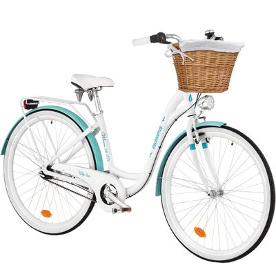 Rower miejski INDIANA Moena A7B 28 cali damski Biało-lazurowy 2025 + Koszyk wiklinowy na rower VÖGEL VKS-502 Stylowy + Wkład do koszyka VÖGEL VKSC705W Biały
