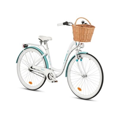 Rower miejski INDIANA Moena A7B 28 cali damski Biało-lazurowy 2025 + Koszyk wiklinowy na rower VÖGEL VKS-505 Stylowy