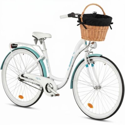 Rower miejski INDIANA Moena A7B 28 cali damski Biało-lazurowy 2025 + Koszyk wiklinowy na rower VÖGEL VKS-505 Stylowy + Wkład do koszyka VÖGEL VKSC705K Czarny