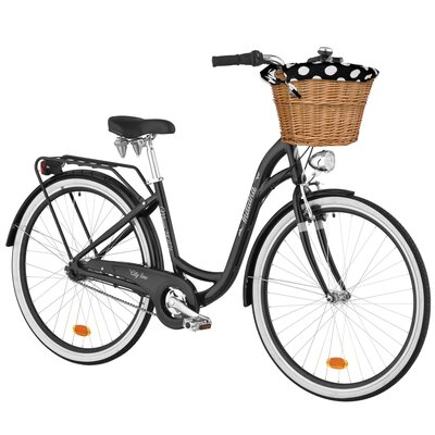 Rower miejski INDIANA Moena A7B 28 cali damski Czarny + Koszyk wiklinowy na rower VÖGEL VKS-502 Stylowy + Wkład do koszyka VÖGEL VKSC705KW Czarno-biały
