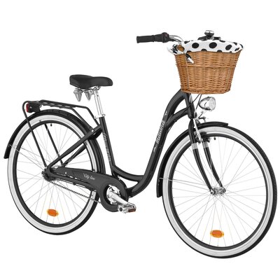Rower miejski INDIANA Moena A7B 28 cali damski Czarny + Koszyk wiklinowy na rower VÖGEL VKS-502 Stylowy + Wkład do koszyka VÖGEL VKSC705CPB Biało-czarny