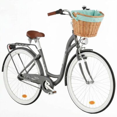 Rower miejski INDIANA Moena A7B 28 cali damski Grafitowy + Koszyk wiklinowy na rower VÖGEL VKS-505 Stylowy + Wkład do koszyka VÖGEL VKSC705MT Miętowy