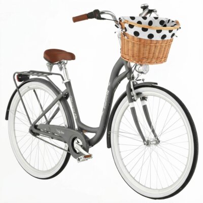 Rower miejski INDIANA Moena A7B 28 cali damski Grafitowy + Koszyk wiklinowy na rower VÖGEL VKS-505 Stylowy + Wkład do koszyka VÖGEL VKSC705WK Biało-czarny