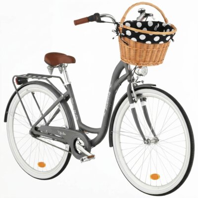 Rower miejski INDIANA Moena A7B 28 cali damski Grafitowy + Koszyk wiklinowy na rower VÖGEL VKS-505 Stylowy + Wkład do koszyka VÖGEL VKSC705KW Czarno-biały