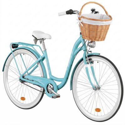 Rower miejski INDIANA Moena A7B D17 28 cali damski Lazurowy 2025 + Koszyk wiklinowy na rower VÖGEL VKS-505 Stylowy + Wkład do koszyka VÖGEL VKSC705W Biały