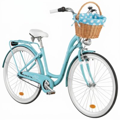 Rower miejski INDIANA Moena A7B D17 28 cali damski Lazurowy 2025 + Koszyk wiklinowy na rower VÖGEL VKS-505 Stylowy + Wkład do koszyka VÖGEL VKSC705MTV Błękitno-biały
