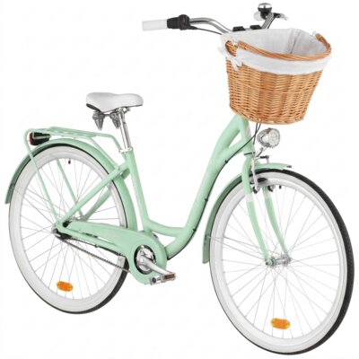 Rower miejski INDIANA Moena A7B D17 28 cali damski Miętowy + Koszyk wiklinowy na rower VÖGEL VKS-505 Stylowy + Wkład do koszyka VÖGEL VKSC705W Biały