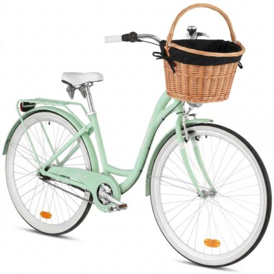 Rower miejski INDIANA Moena A7B D17 28 cali damski Miętowy + Koszyk wiklinowy na rower VÖGEL VKS-505 Stylowy + Wkład do koszyka VÖGEL VKSC705K Czarny