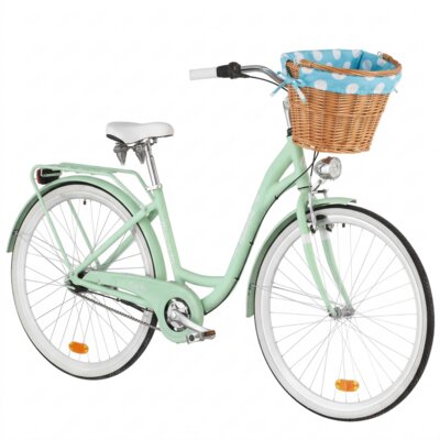 Rower miejski INDIANA Moena A7B D17 28 cali damski Miętowy + Koszyk wiklinowy na rower VÖGEL VKS-505 Stylowy + Wkład do koszyka VÖGEL VKSC705MTV Błękitno-biały