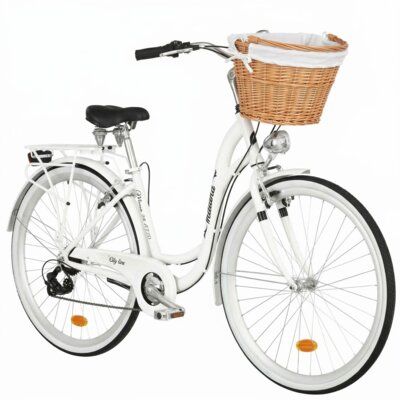Rower miejski INDIANA Moena A7ZP D17 28 cali damski Biały 2025 + Koszyk wiklinowy na rower VÖGEL VKS-505 Stylowy + Wkład do koszyka VÖGEL VKSC705W Biały