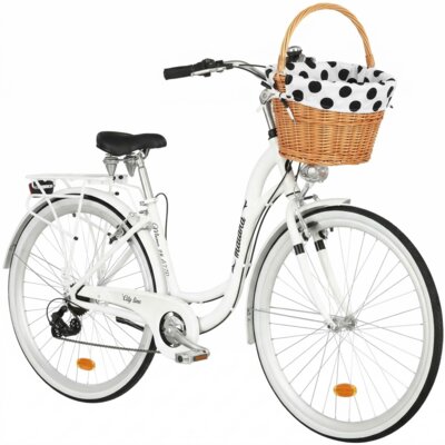 Rower miejski INDIANA Moena A7ZP D17 28 cali damski Biały 2025 + Koszyk wiklinowy na rower VÖGEL VKS-505 Stylowy + Wkład do koszyka VÖGEL VKSC705WK Biało-czarny