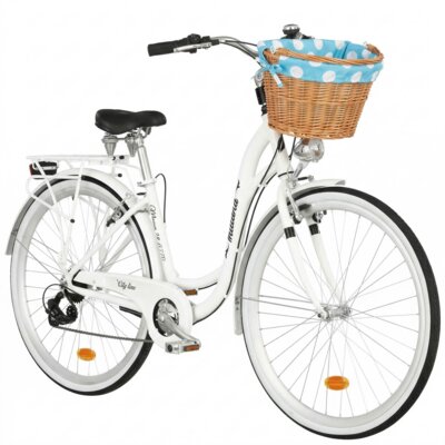 Rower miejski INDIANA Moena A7ZP D17 28 cali damski Biały 2025 + Koszyk wiklinowy na rower VÖGEL VKS-505 Stylowy + Wkład do koszyka VÖGEL VKSC705MTV Błękitno-biały