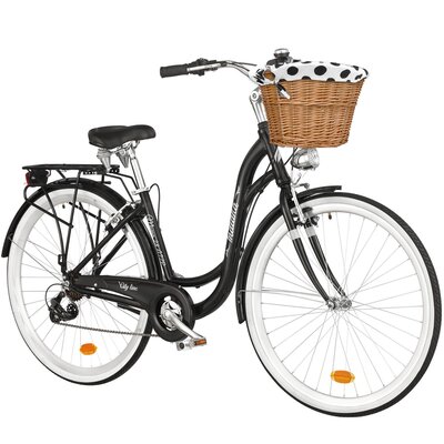 Rower miejski INDIANA Moena A7ZP 28 cali damski Czarny 2025 + Koszyk wiklinowy na rower VÖGEL VKS-502 Stylowy + Wkład do koszyka VÖGEL VKSC705WK Biało-czarny