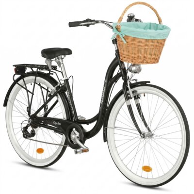 Rower miejski INDIANA Moena A7ZP 28 cali damski Czarny 2025 + Koszyk wiklinowy na rower VÖGEL VKS-505 Stylowy + Wkład do koszyka VÖGEL VKSC705MT Miętowy