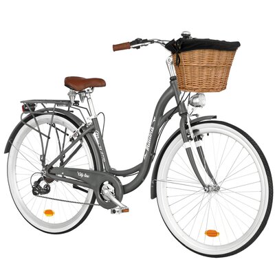 Rower miejski INDIANA Moena A7ZP 28 cali Deli damski Szary + Koszyk wiklinowy na rower VÖGEL VKS-502 Stylowy + Wkład do koszyka VÖGEL VKSC705K Czarny
