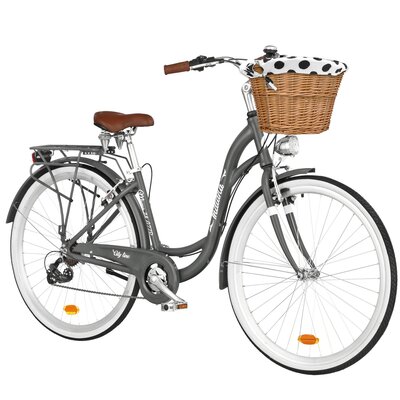 Rower miejski INDIANA Moena A7ZP 28 cali Deli damski Szary + Koszyk wiklinowy na rower VÖGEL VKS-502 Stylowy + Wkład do koszyka VÖGEL VKSC705WK Biało-czarny