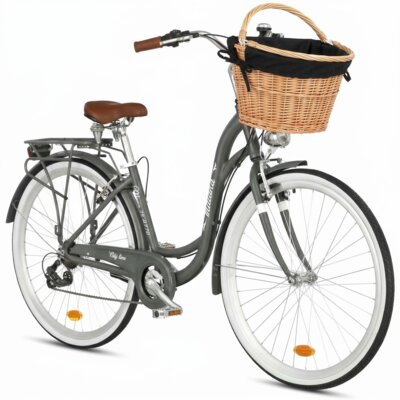 Rower miejski INDIANA Moena A7ZP 28 cali Deli damski Szary + Koszyk wiklinowy na rower VÖGEL VKS-505 Stylowy + Wkład do koszyka VÖGEL VKSC705K Czarny