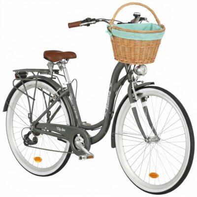 Rower miejski INDIANA Moena A7ZP 28 cali Deli damski Szary + Koszyk wiklinowy na rower VÖGEL VKS-505 Stylowy + Wkład do koszyka VÖGEL VKSC705MT Miętowy