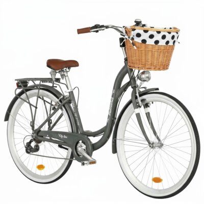 Rower miejski INDIANA Moena A7ZP 28 cali Deli damski Szary + Koszyk wiklinowy na rower VÖGEL VKS-505 Stylowy + Wkład do koszyka VÖGEL VKSC705WK Biało-czarny