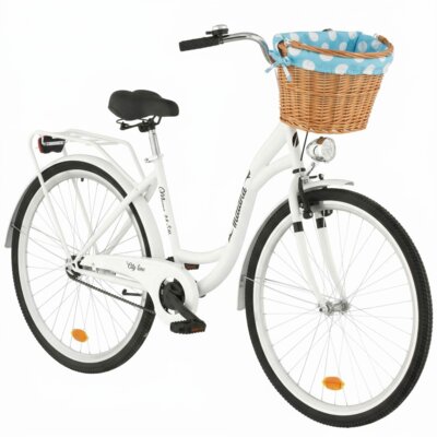 Rower miejski INDIANA Moena S1B 28 cali damski Biały 2025 + Koszyk wiklinowy na rower VÖGEL VKS-505 Stylowy + Wkład do koszyka VÖGEL VKSC705MTV Błękitno-biały