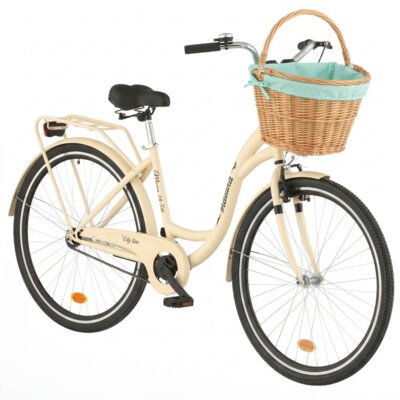 Rower miejski INDIANA Moena S1B 28 cali damski Cappuccino 2025 + Koszyk wiklinowy na rower VÖGEL VKS-505 Stylowy + Wkład do koszyka VÖGEL VKSC705MT Miętowy