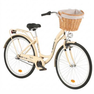 Rower miejski INDIANA Moena S1B 28 cali damski Cappuccino 2025 + Koszyk wiklinowy na rower VÖGEL VKS-505 Stylowy + Wkład do koszyka VÖGEL VKSC705CP Cappuccino
