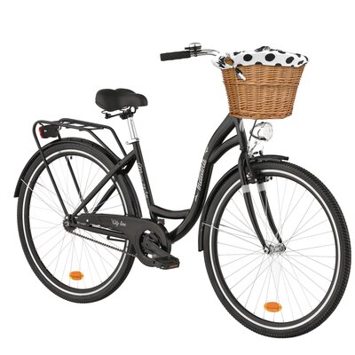 Rower miejski INDIANA Moena S1B 28 cali damski Czarny 2025 + Koszyk wiklinowy na rower VÖGEL VKS-502 Stylowy + Wkład do koszyka VÖGEL VKSC705CPB Biało-czarny