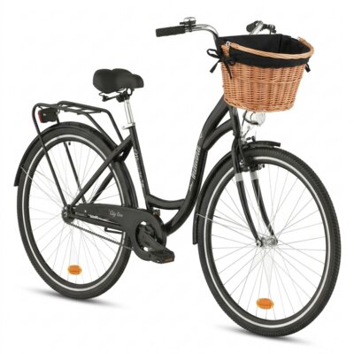 Rower miejski INDIANA Moena S1B 28 cali damski Czarny 2025 + Koszyk wiklinowy na rower VÖGEL VKS-505 Stylowy + Wkład do koszyka VÖGEL VKSC705K Czarny