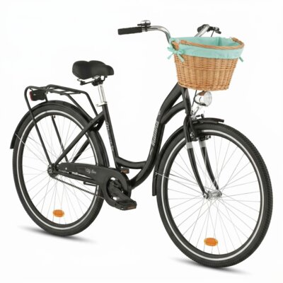 Rower miejski INDIANA Moena S1B 28 cali damski Czarny 2025 + Koszyk wiklinowy na rower VÖGEL VKS-505 Stylowy + Wkład do koszyka VÖGEL VKSC705MT Miętowy