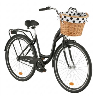 Rower miejski INDIANA Moena S1B 28 cali damski Czarny 2025 + Koszyk wiklinowy na rower VÖGEL VKS-505 Stylowy + Wkład do koszyka VÖGEL VKSC705WK Biało-czarny